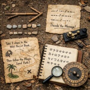 Scavenger hunt clues on forest ground with stick arrow, Morse code note, and secret symbol notebook for kids adventure game