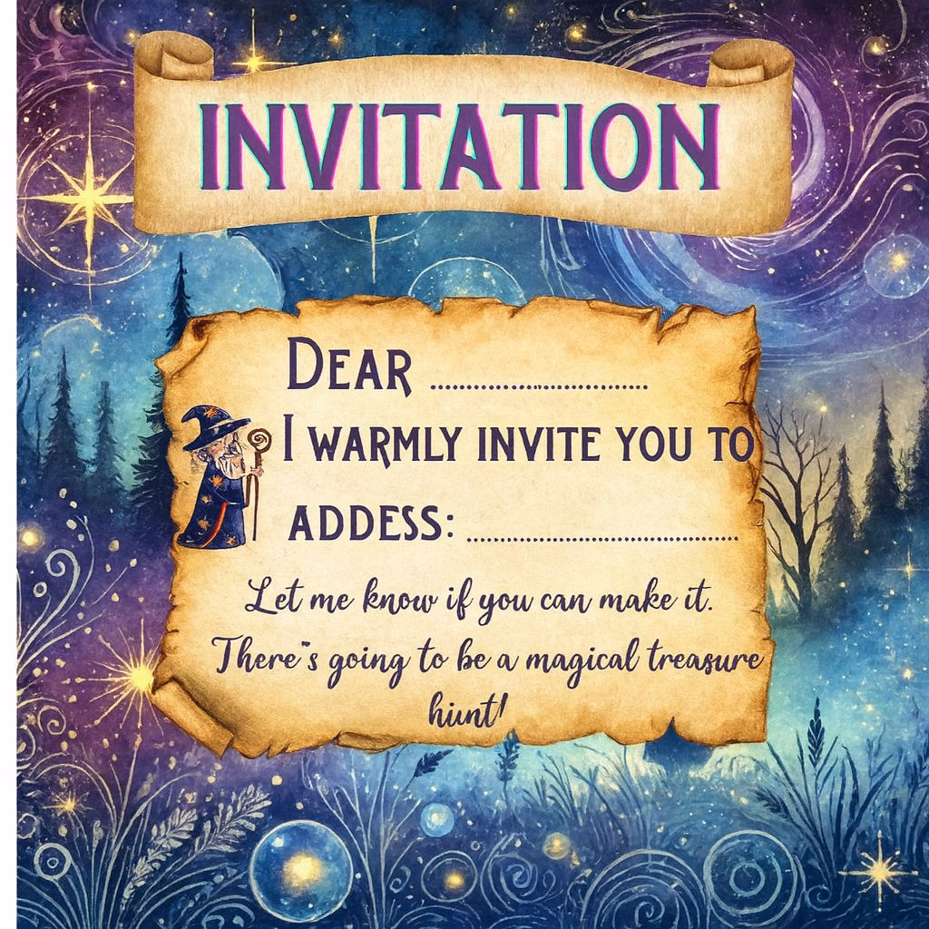 Magical wizard-themed kids’ birthday invitation card with scroll design and enchanted night sky backgroand