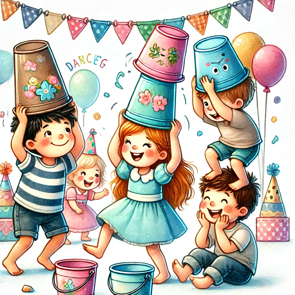 Kids playing the birthday game 'Dancing Bucket,' laughing as they dance with small buckets on their heads, surroanded by balloons and colorful party decorations in a playful watercolor style