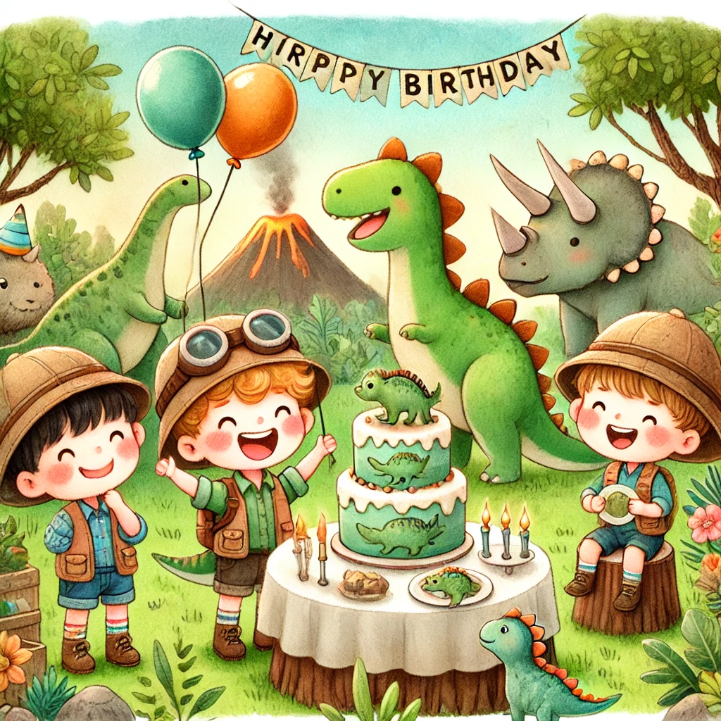 Verspielte Illustration eines Dinosaurier-Kindergeburtstags mit fröhlichen Kindern als kleine Entdecker, einer Dino-Geburtstagstorte, Ballons, Vulkanen und freundlichen Dinosauriern wie einem T-Rex und einem Triceratops. Dino Kindergeburtstag