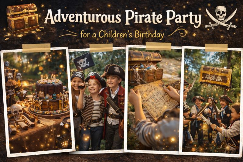 Landscape hero collage showing a pirate-themed children’s birthday party with treasure map clues, pirate costumes, decorated cake, treasure chest, and kids on an outdoor scavenger hunt adventure