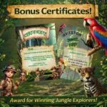 Printable jungle treasure hunt for kids including bonus certificates and jungle party invitation