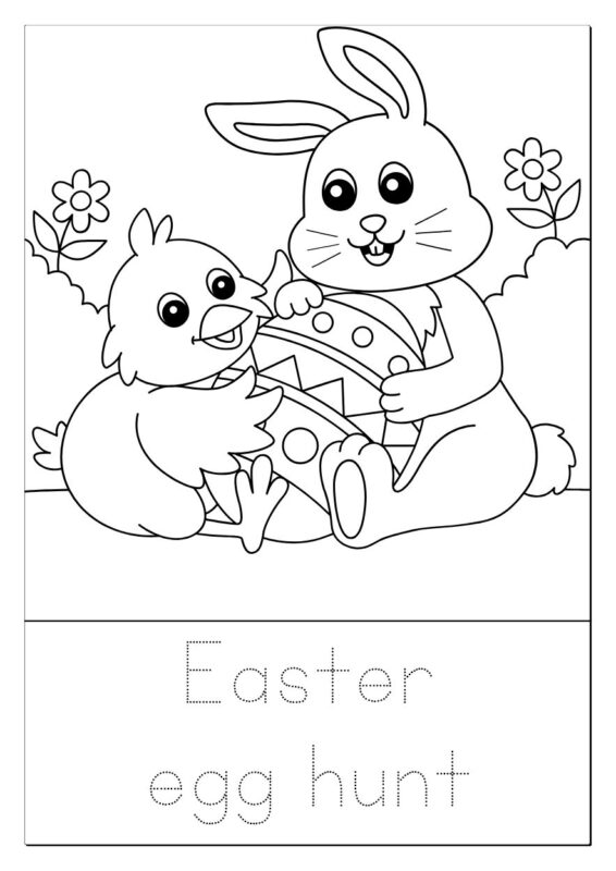 Free Easter coloring book page with bunny and eggs