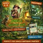 Jungle treasure hunt printable game for kids ages 4 to 6, perfect for jungle birthday parties