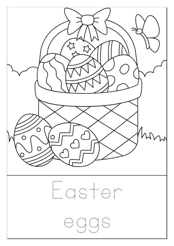 Easter basket coloring page filled with eggs and candy