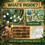 Overview of jungle treasure hunt contents including clue cards, treasure map, and printable activities