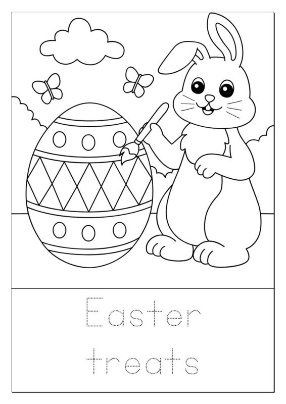 Funny Easter bunny holding decorated eggs coloring page