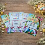 Printable Easter invitations and certificates for kids scavenger hunt with cute bunny and colorful egg designs