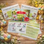 Easter scavenger hunt instruction sheets and station overview for kids, displayed with Easter eggs and spring decorations on a wooden table
