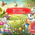 Colorful Easter scavenger hunt for children, featuring Lumi the Easter Bunny and a magical adventure to find the golden Easter egg and save spring.