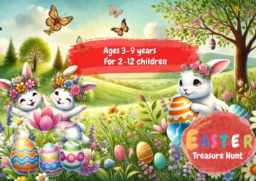Colorful Easter scavenger hunt for children, featuring Lumi the Easter Bunny and a magical adventure to find the golden Easter egg and save spring.