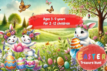 Colorful Easter scavenger hunt for children, featuring Lumi the Easter Bunny and a magical adventure to find the golden Easter egg and save spring.