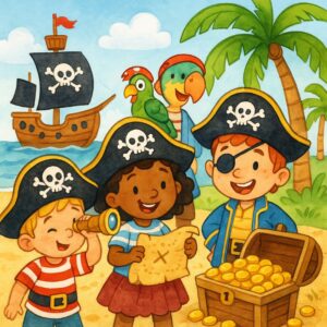 Four cheerful kids dressed as pirates on a beach with a treasure chest, pirate ship, and parrot — fun title image for pirate name ideas