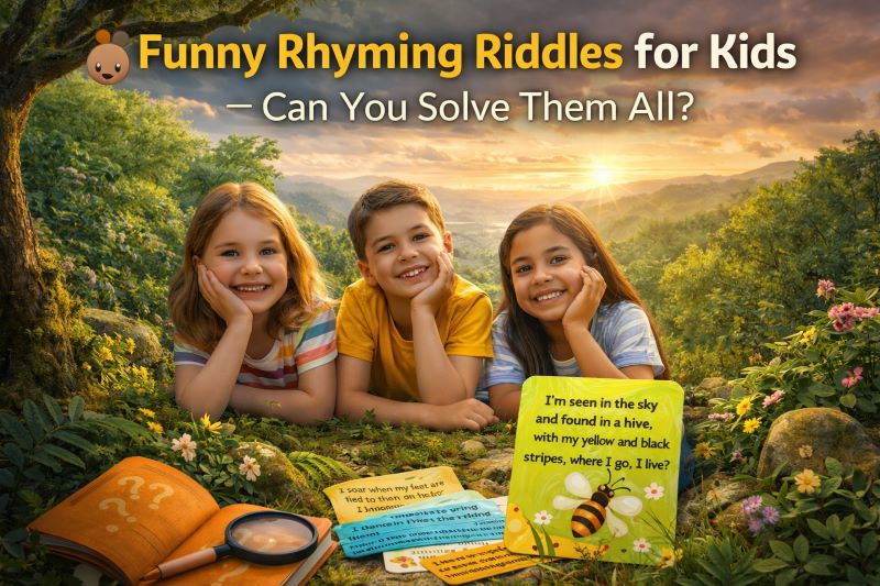 Children laughing together while reading funny rhyming riddles on cards outdoors, cheerful sunny atmosphere, playful learning moment