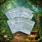 Complete jungle scavenger hunt game set with cards, puzzles, symbols, and printable kids activities