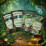 Printable jungle scavenger hunt invitations and reward certificates for a kids birthday treasure hunt