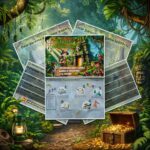 Jungle scavenger hunt printable kit for kids with instructions, stations, and treasure hunt game materials
