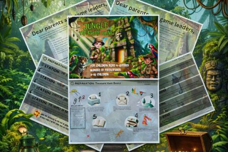 Jungle scavenger hunt printable kit for kids with instructions, stations, and treasure hunt game materials