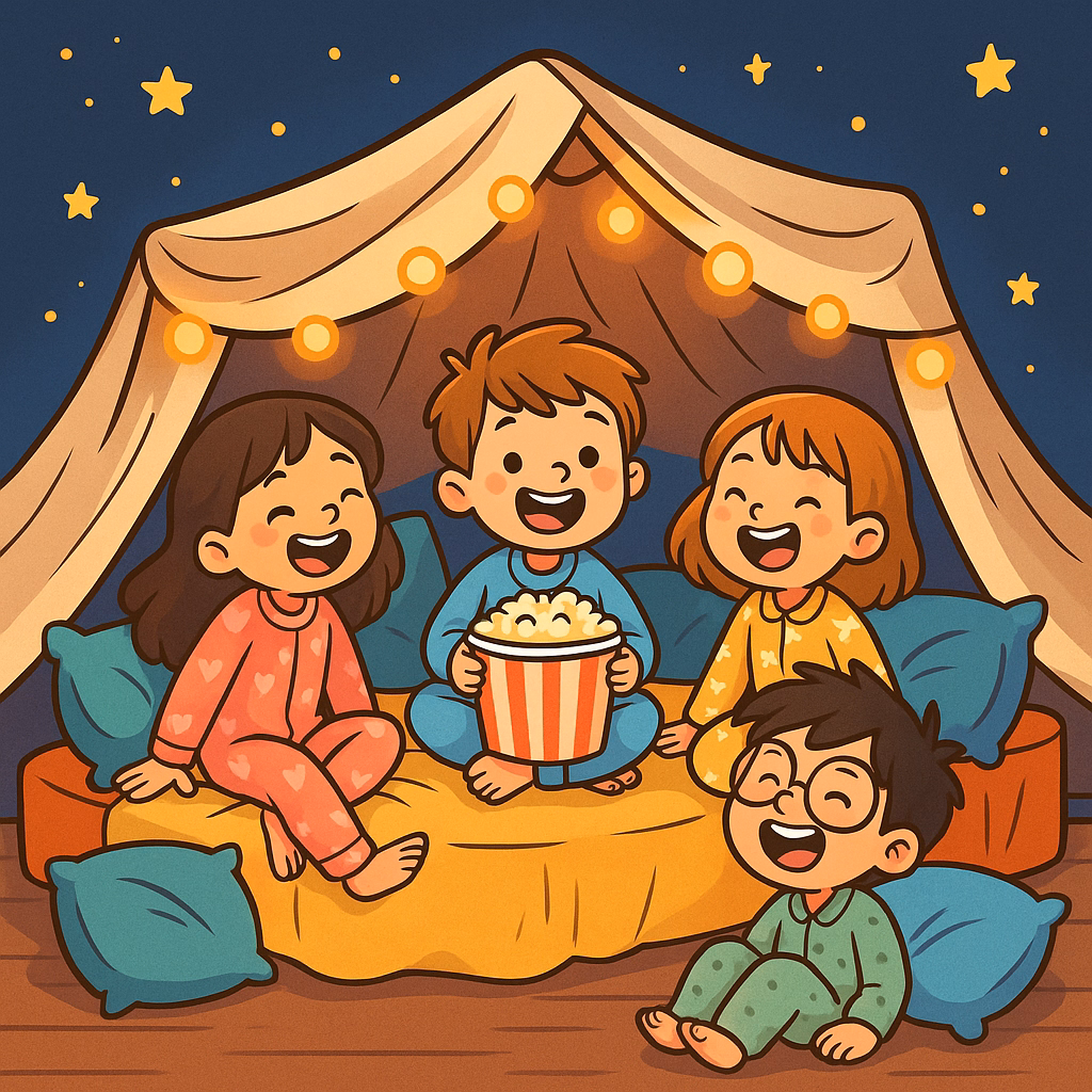 Kids’ pajama party cartoon illustration with a cozy blanket fort, popcorn, pillows, and laughing children in pajamas.