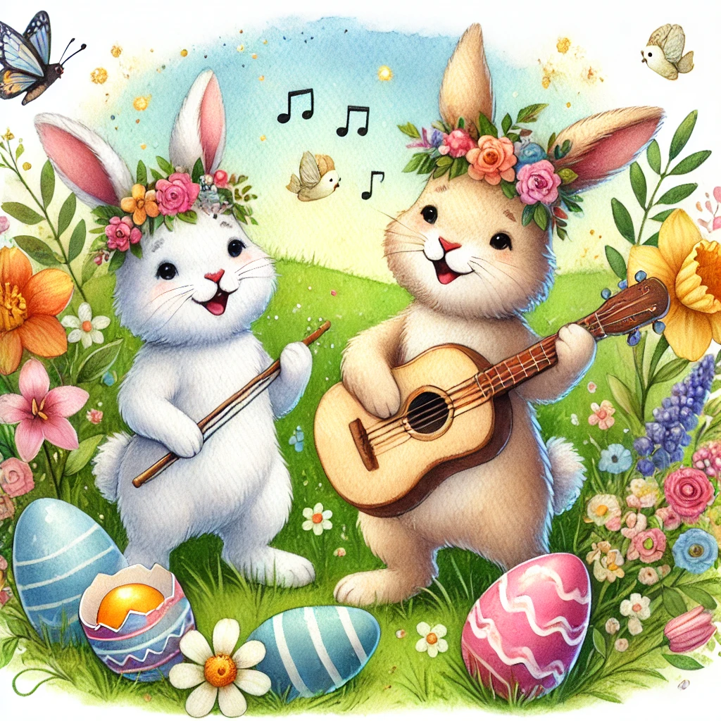 Zwei fröhliche Osterhasen musizieren and singen in aer Frühlingswiese – a liebevolles watercolorbild for Thema Osterliethe for kids and Familie