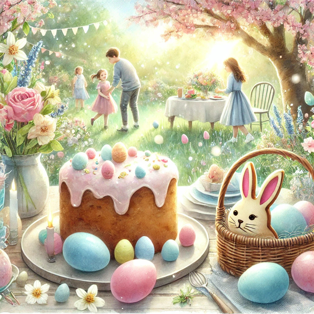 “Easter traditions with kids – a lovingly decorated Easter table with colorful eggs, a bunny-shaped cake, and happy children hunting for Easter eggs in a watercolor style.”