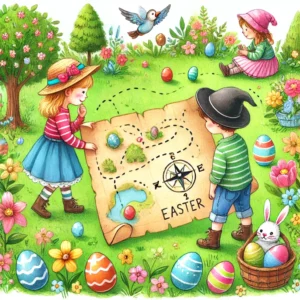 Children use a hand-drawn treasure map to find Easter eggs in a blooming garden. A colorful scene with flowers, trees, and hidden eggs.