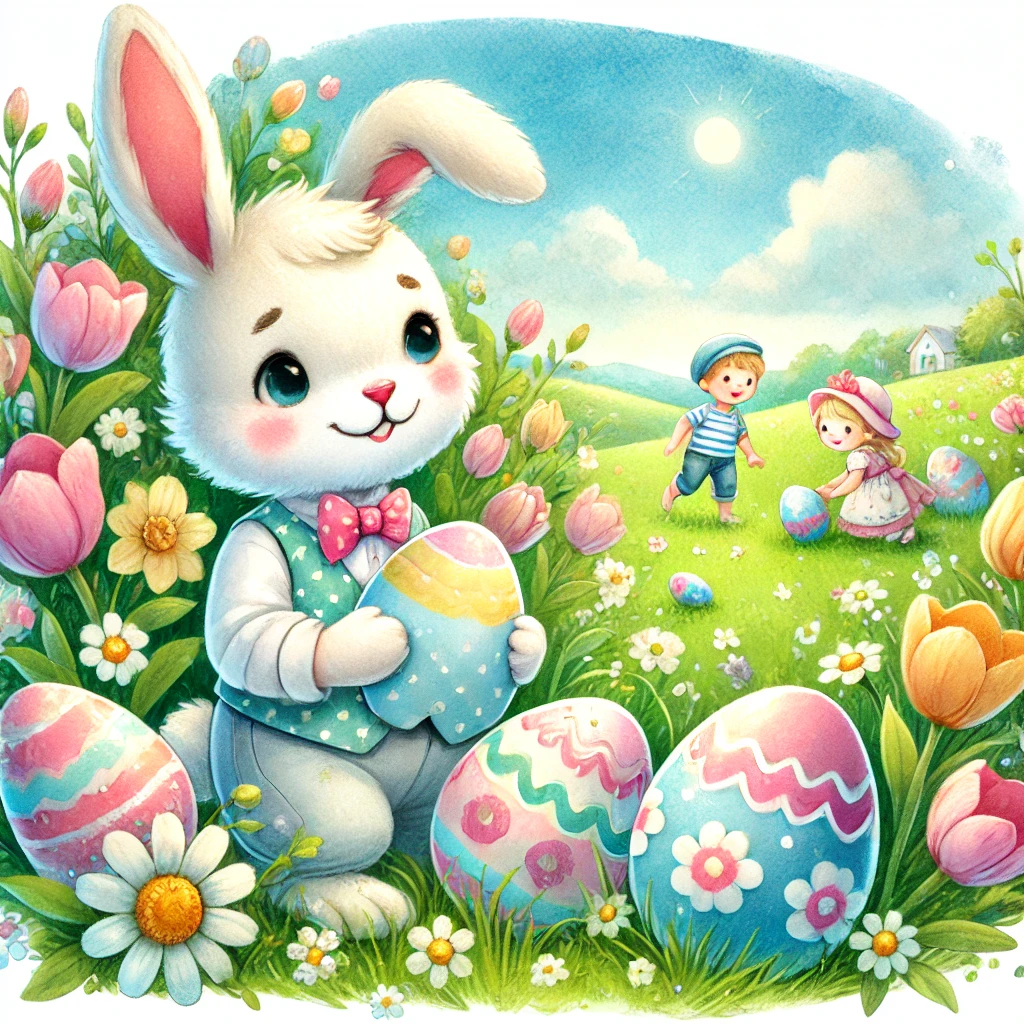 "Cheerful Easter story for kids – watercolor illustration of an Easter Bunny in a stylish vest and bow tie hiding colorful Easter eggs in a blooming spring meadow. In the backgroand, smiling children search for the hidden eggs, surroanded by tulips, daisies, and a sunny landscape. Perfect for a child-friendly explanation of the Easter holiday. Why do we celebrate Easter?