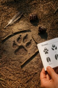 Realistic forest scene with clues such as a feather, a nibbled pinecone, and paw prints drawn in the soil — perfect for teaching kids how to track animals
