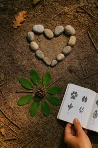 Forest art made from natural materials: a heart from stones and a leaf-and-cone mandala — a creative woodland activity for kids
