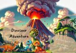 Colorful illustration of five cute dinosaurs standing in front of an erupting volcano in a prehistoric jungle, used as the title image for a dinosaur scavenger hunt for kids ages 4–9.