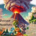 Colorful illustration of five cute dinosaurs standing in front of an erupting volcano in a prehistoric jungle, used as the title image for a dinosaur scavenger hunt for kids ages 4–9.