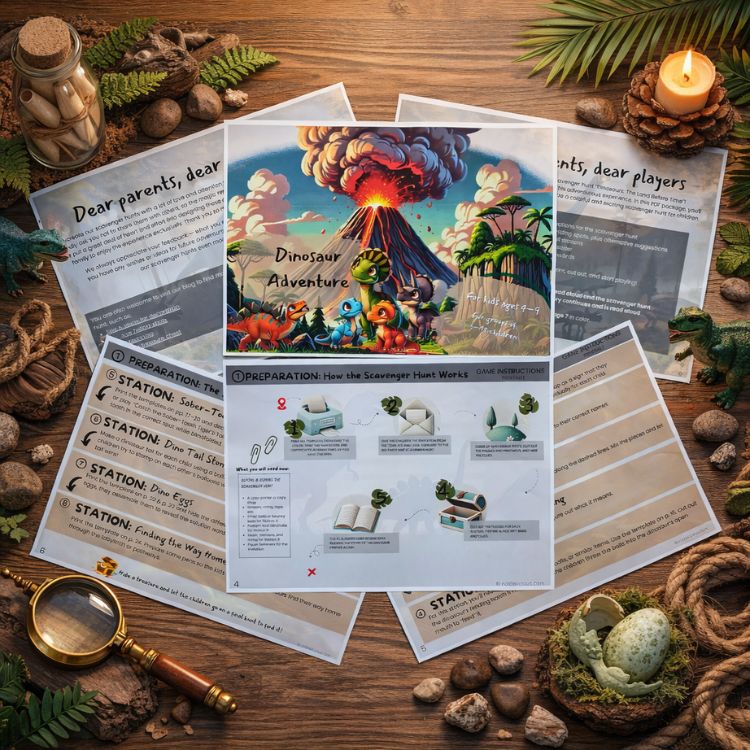 Parent guide and setup instructions for a dinosaur scavenger hunt for kids