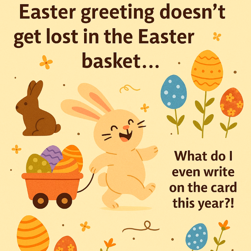 Cute Easter watercolor scene with bunnies, colorful eggs, spring decorations and playful Easter greetings for families and kids.