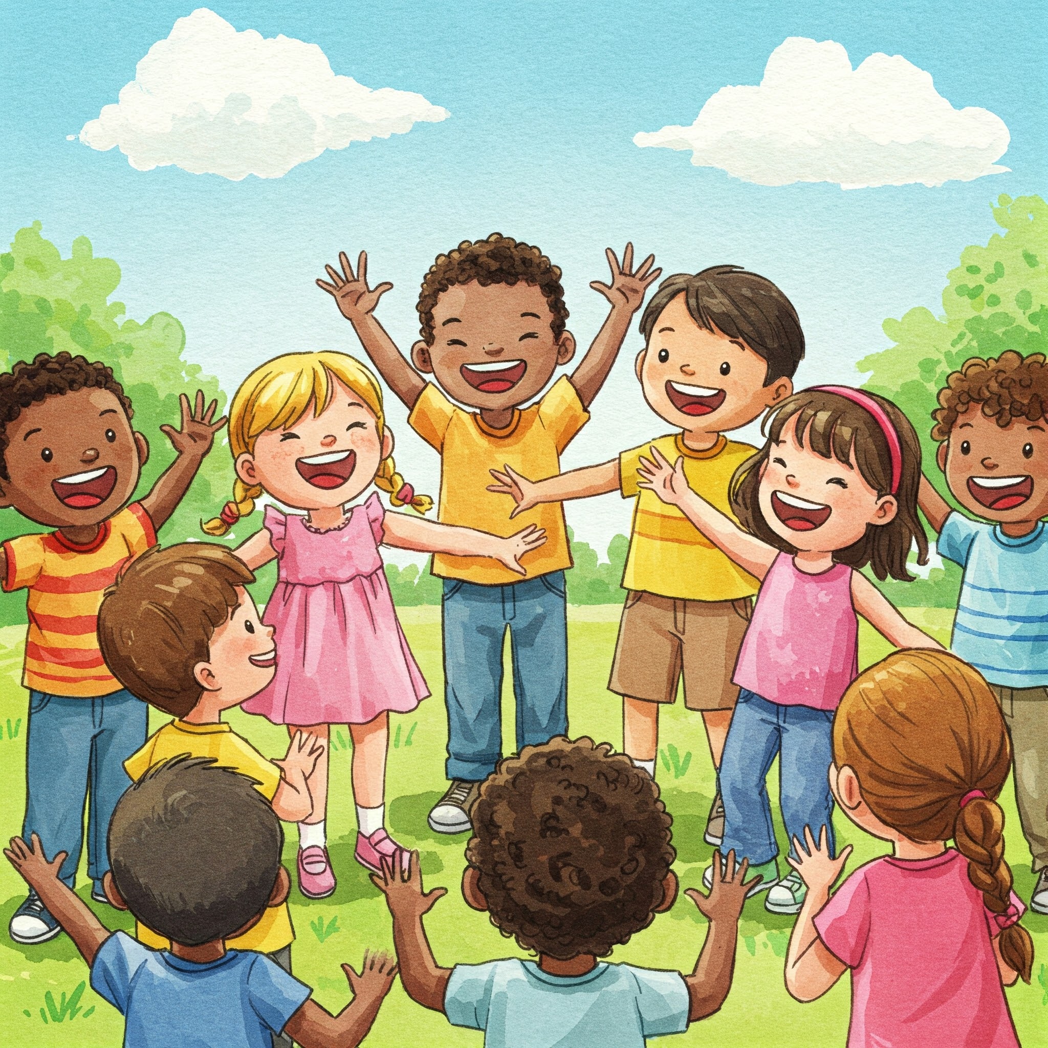“Kids playing pantomime in watercolor: happy children with expressive faces and gestures acting out colorful animal charades. Pantomime words.”