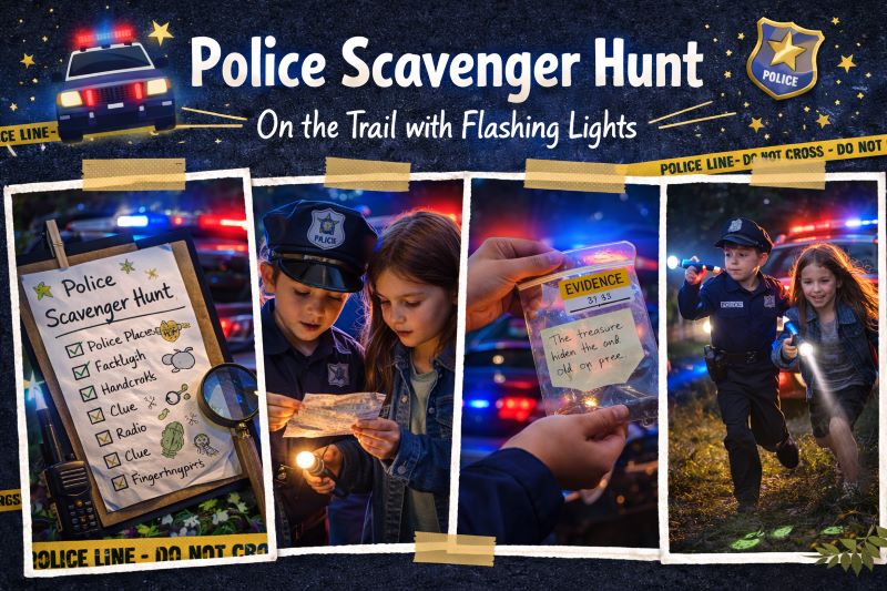 Landscape hero collage showing a police-themed scavenger hunt with kids in police costumes, flashing red and blue lights, evidence clues, checklist, and nighttime outdoor investigation scene