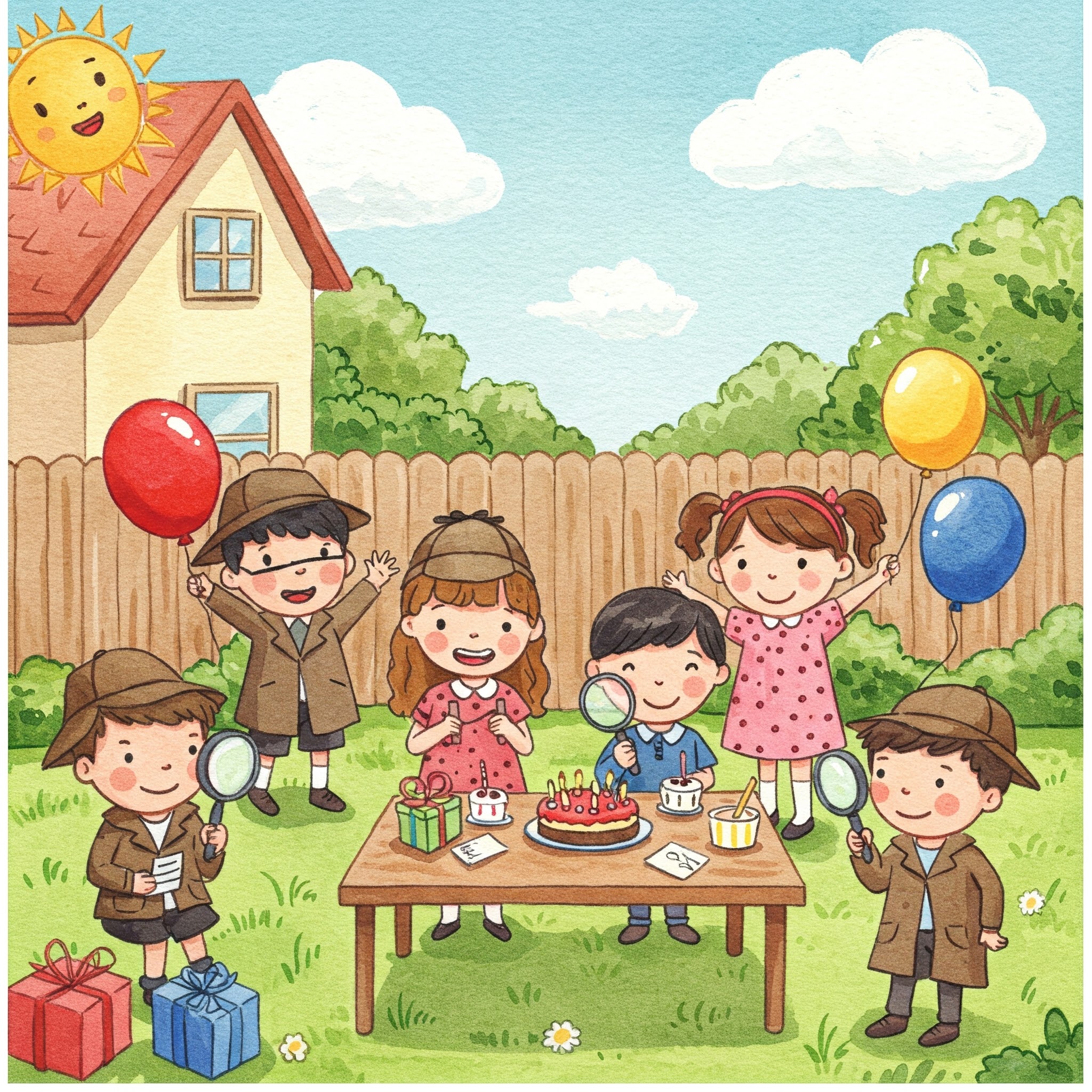 Verspielte Illustration eines Detektiv-Kindergeburtstags mit fröhlichen Kindern in Detektivkostümen, Lupe, Hinweistafel und einer Geburtstagstorte mit Detektiv-Motiv. Detektiv Party für Kinder