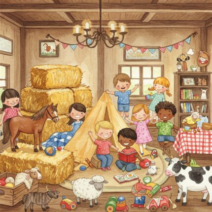 Fun farm-themed games for kids like sack race, egg run, and animal guessing.