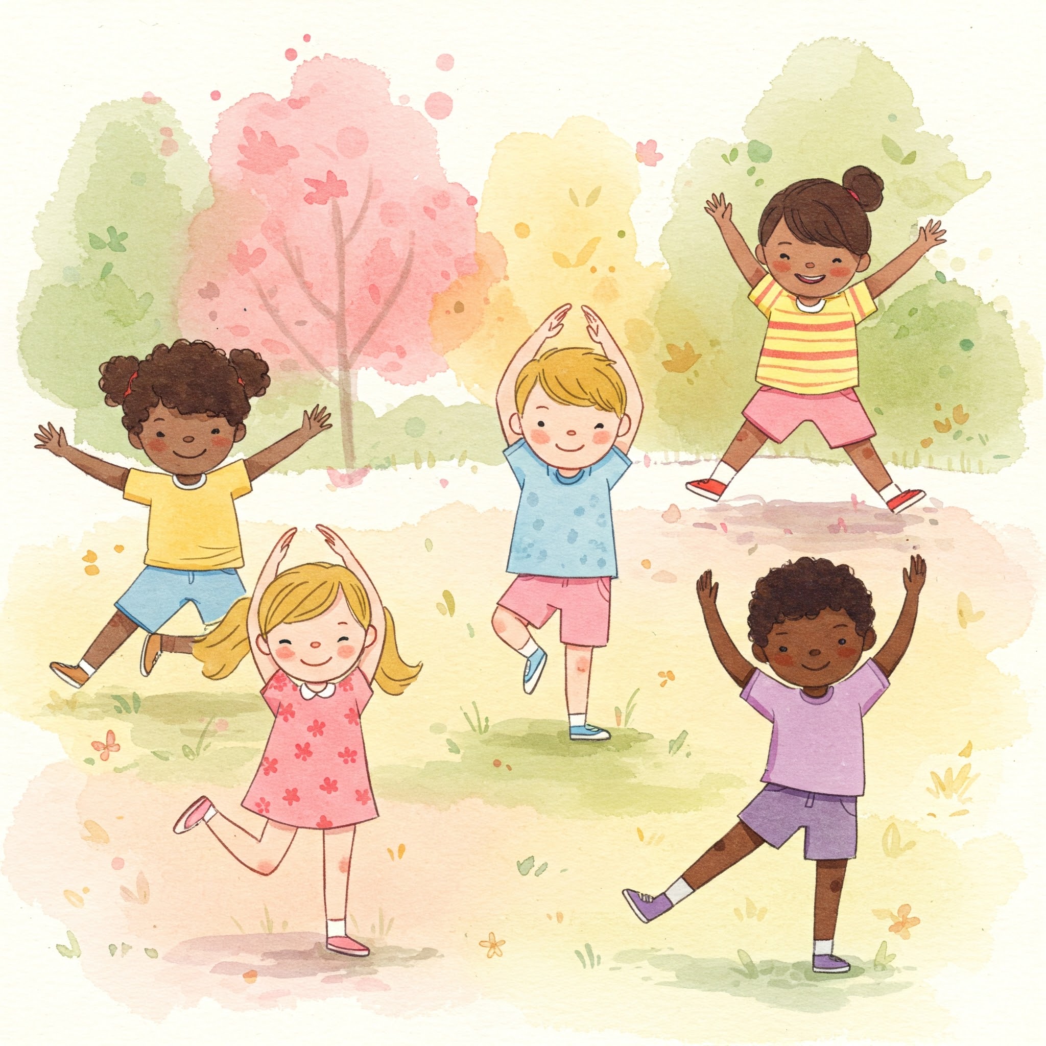 Comic-style illustration of four children playing warm-up games together: human knot, freeze dance, and ball game – titled ‘Warm-Up Games for Kids and Teens’