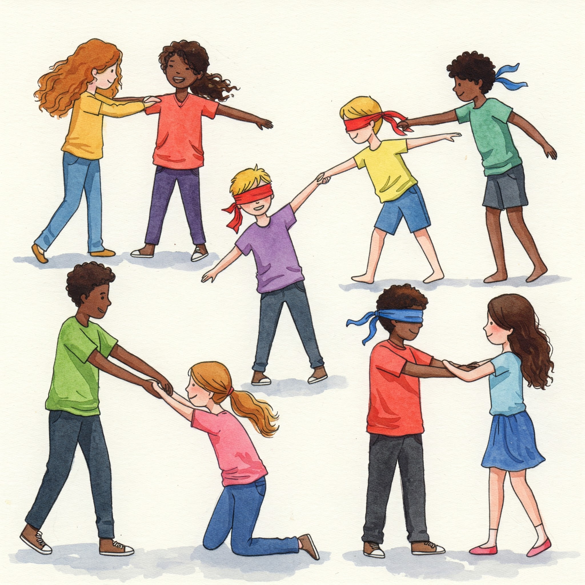 “Kids playing trust games outdoors – group activity to build teamwork and confidence.”