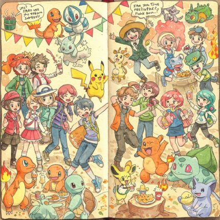 Watercolor-style illustration of fun Pokémon crafts, including DIY Poké Balls, hand-painted Pokémon cards, and Pikachu ears.