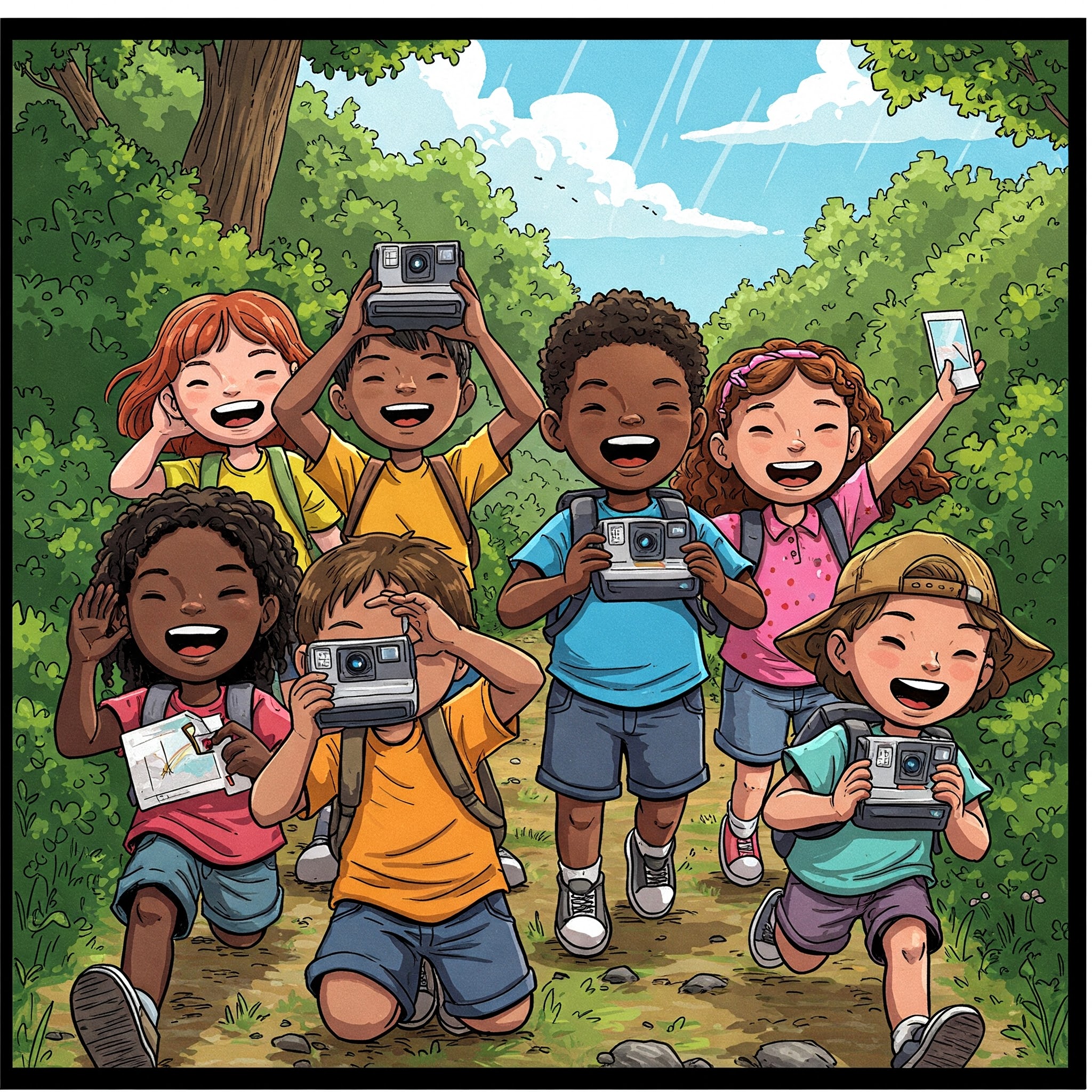 Kids on a scavenger hunt holding colorful Polaroid cameras in the air, ready to capture fun outdoor moments; cheerful mixed-age group in a playful watercolor comic style — perfect for scavenger hunt memory photos.