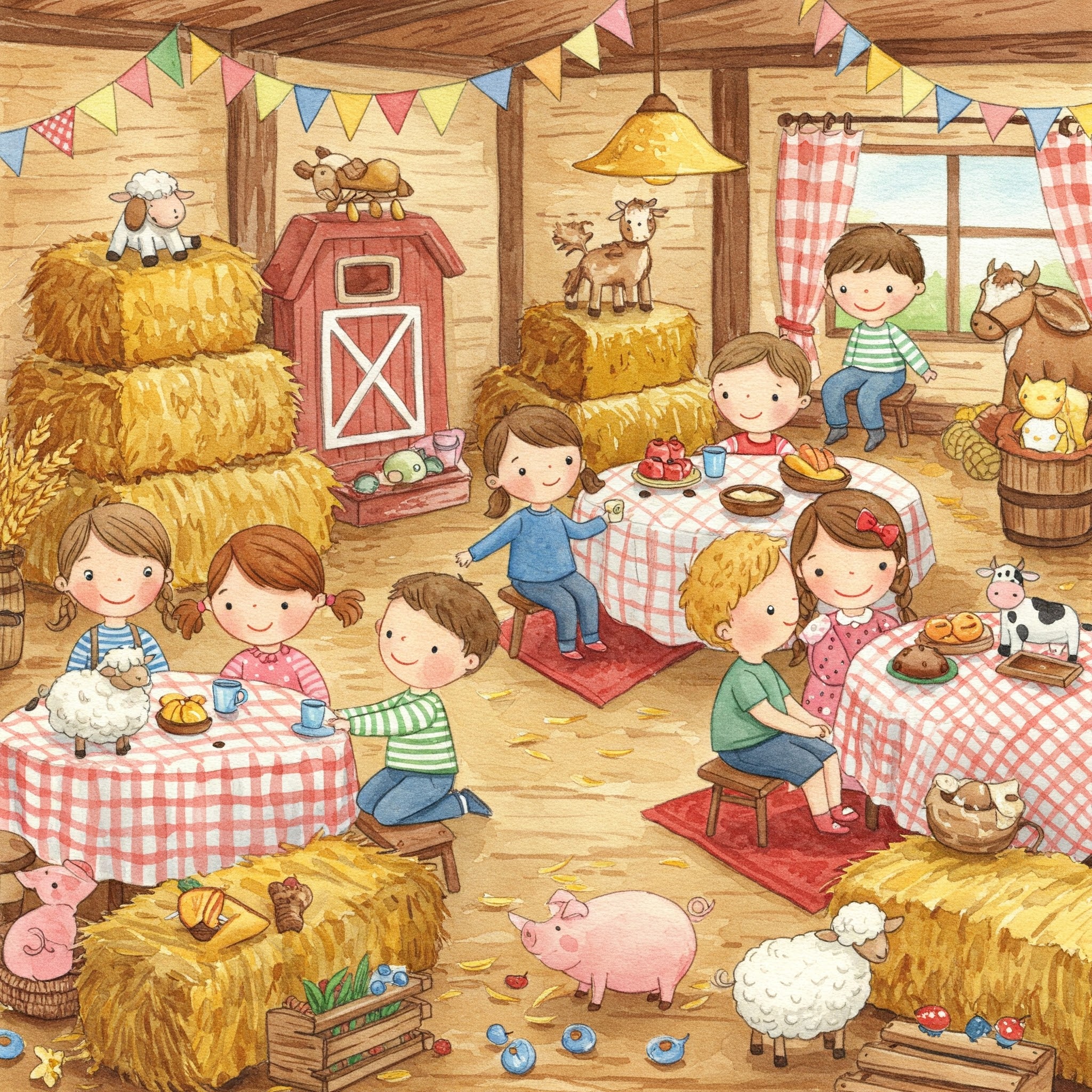 Farm birthday decorations: A colorful farmhouse setup with hay bales, straw bandles, anin theal figures, and checkered tablecloths for a vibrant farm-themed kids’ party.
