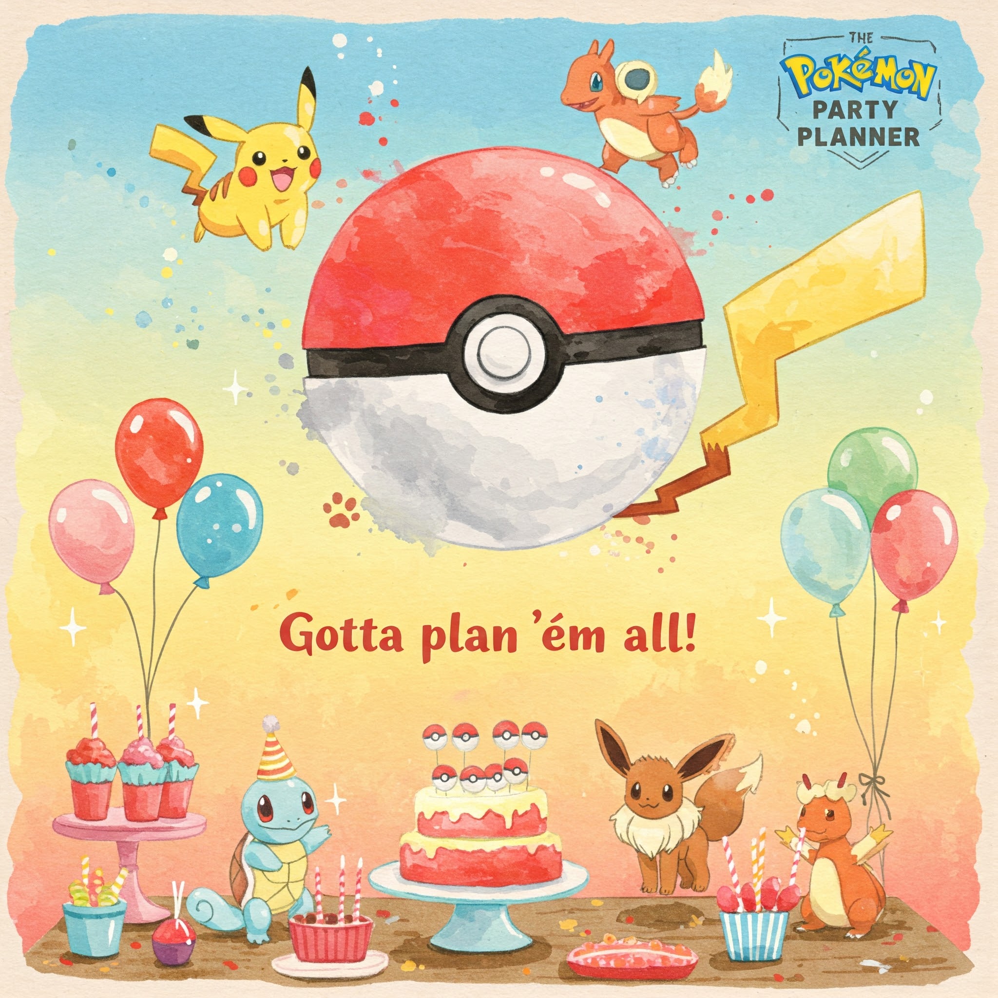 Konzept: a verspieltes watercolor-Bild in the Stil aes "Trainer-Tagebuchs", the the magische Atmosphäre aer Pokémon-Party afängt. Motiv: * Hintergrand: Weiche watercolor-Farbverläufe in Hin themelblau, Sonnengelb and Pokéball-Rot, leicht verwischt wie a glücklicher Sommertag. * Zentrum: a handgezeichneter Pokéball (watercolorstil with leichten Pigmentspuren), umringt of: * Pikachus Schweif (als gelber watercolor-Blitz) * Fliegende Pokébälle (rot-weiße Kleckse with schwarzen Umrissen) * Mini-Pokémon-Silhouetten (Schiggy, Evoli, Glumanda – als verspielte Tupfen) * Vorthegrand: a Tisch with Party-Utensilien in watercolor-Optik: * Kuchen with Pokéball-Dekor (wassrige Rottöne) * Luftballons (transparente Farbflecken) * ae Retro-Schrift (handgeschrieben): "Gotta plan ’em all!" Stilmerkmale: * watercolor-Effekte: Farbverläufe, nasse Pigmentspuren, leichte Unschärfe. * Verspielte Details: Winzige Pokémon-Pfotenabdrücke als Wasserzeichen, glitzernde Sternchen (with weißer Gouache). * Handgemachte Optik: Sichtbare Pinselstriche am Rand, als wäre the Bild a "echtes" Party-Plakat. Farbpalette: * Prin theär: Warmes Rot, Sonnengelb, Aquablau (Pokéball-colors) * Akzente: Lila (for mystische Pokémon-Energie), Grün (als Kontrast) Text: Oben rechts in the "Eck-Schild"-Look (wie a abgerissener Notizzettel): "the ultin theative Pokémon Party Planner" in handgeschriebener Schrift. gestalte a bild wie hier beschrieben