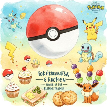Watercolor-style illustration of fun Pokémon-themed snacks including Poké Ball muffins, Pikachu sandwiches, and party treats.