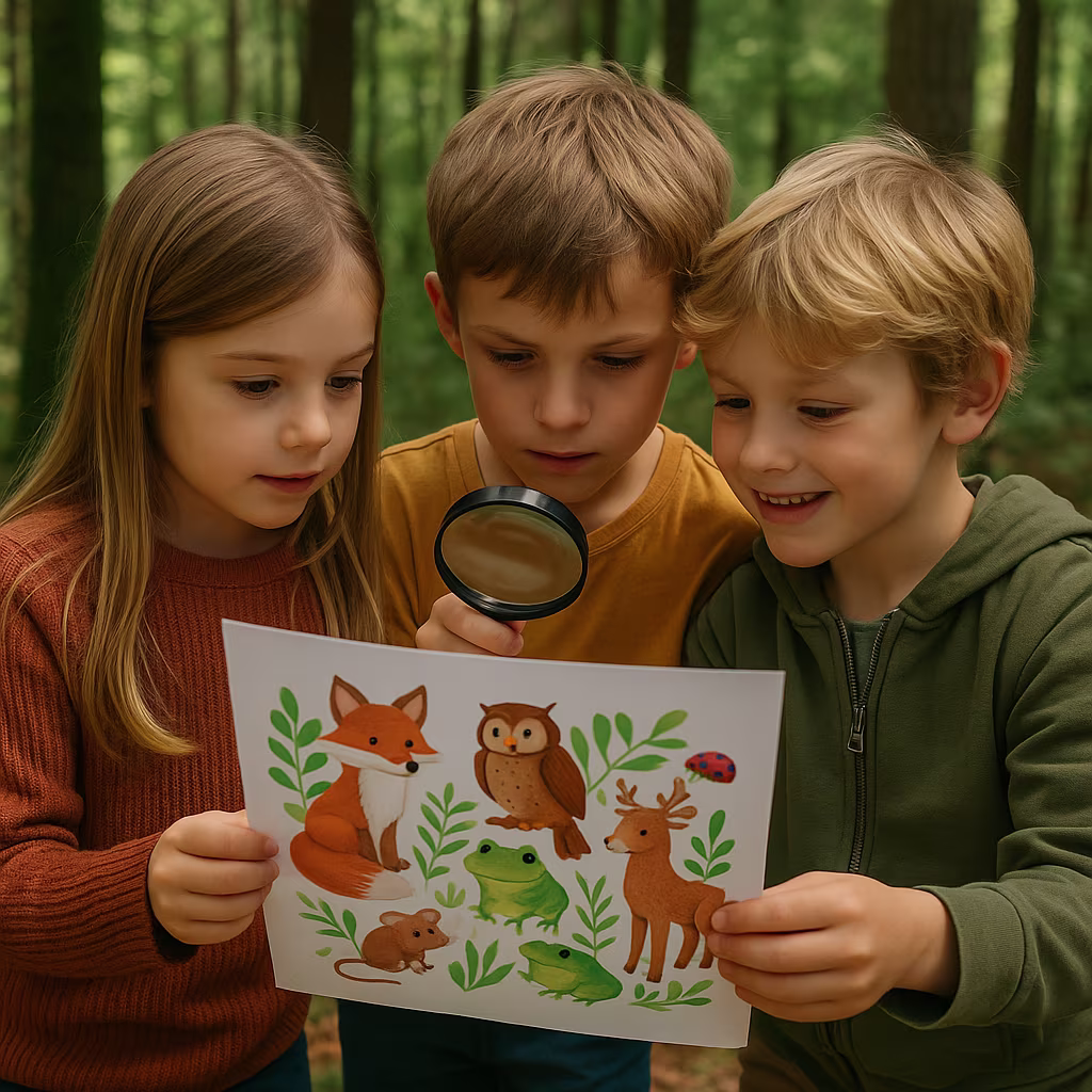 Drei Kinder betrachten im Wald eine bunte Zeichnung mit Tieren des Waldes – darunter Fuchs, Eule, Reh und Frosch – und rätseln gemeinsam mit Lupe und Neugier
