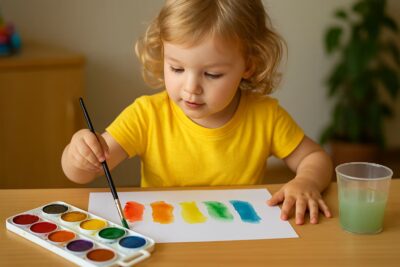Ein kleines blondes Mädchen im gelben T-Shirt malt konzentriert mit Wasserfarben in Regenbogenfarben auf einem Blatt Papier.