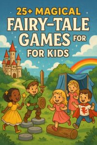 Children dressed as fairy-tale characters playing outdoors with a castle, rainbow and magic tent in the backgroand — perfect title in theage for fairy-tale games for kids.