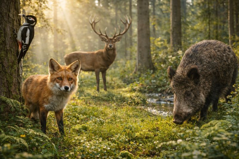 Realistic forest scene with fox, deer, wild boar and woodpecker in a sunny woodland clearing, natural light and detailed wildlife setting