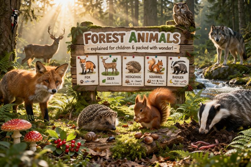 forest animals — fox, deer, boar and woodpecker — in a sunny woodland clearing, child-friendly cartoon style]
