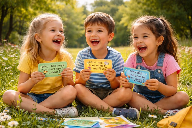 Happy children laughing while solving funny riddle questions together, playful and cheerful atmosphere for kids jokes